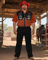 Western Denim-Men's Plus Size Black & Red Skull Flower Print Short Sleeve Shirt Trousers Suit